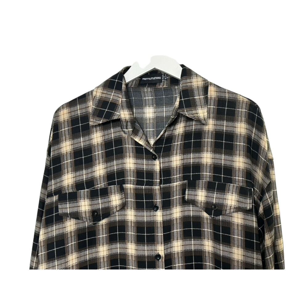 PrettyLittleThing Brown & Tan Plaid Long Sleeve Oversize Button-Up Top Sz 8 - Picture 2 of 5